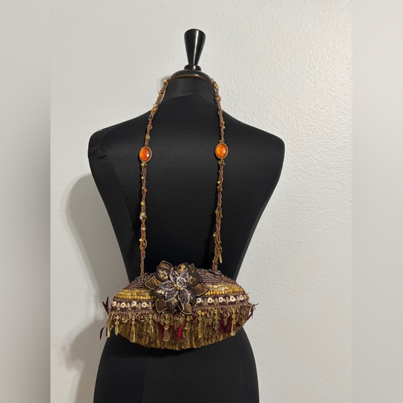 Mary Frances Handbags - Mary Frances Gold and Burgundy Beaded Fringe Crossbody Clutch